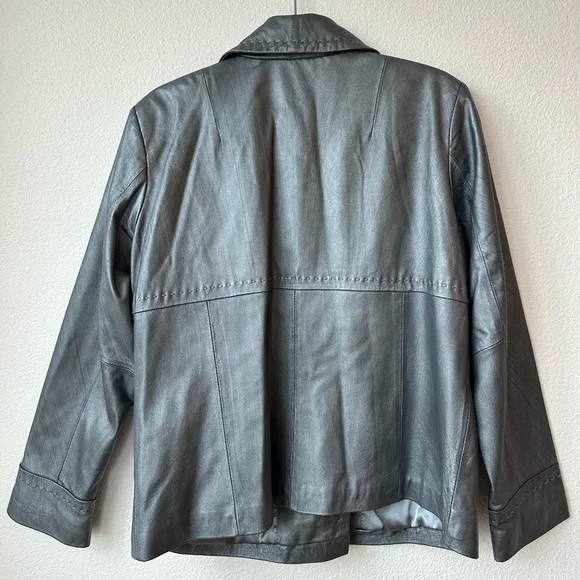 Chico’s Silver Shimmer Leather Collared Short Peacoat Jacket Coat Size 2 - Picture 5 of 9